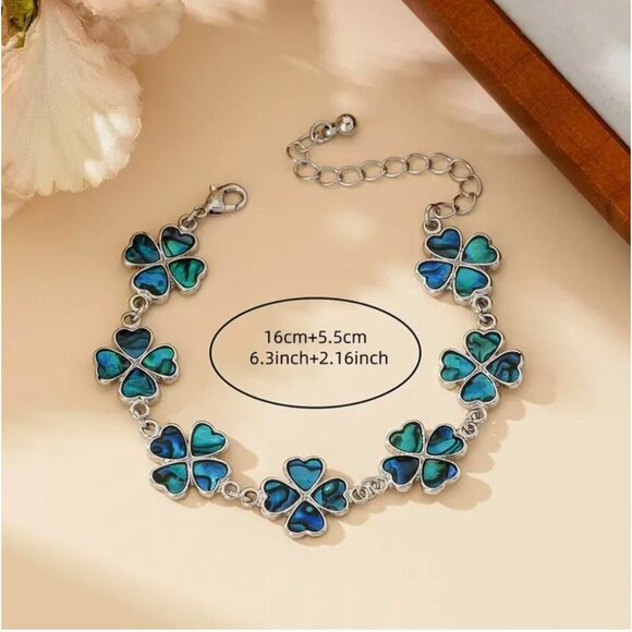 Clover Shamrock Silver Tone Bracelet With Blue-Green Inlays - Picture 2 of 2